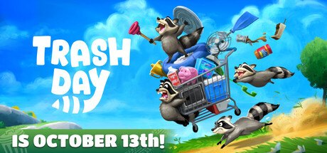 Official key art: raccoons hauling a shopping cart of loot